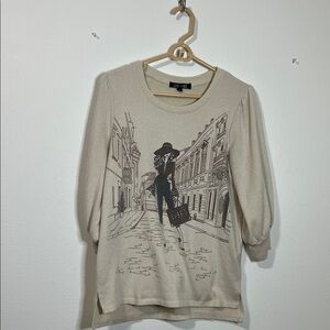 Love + Lace Beige Graphic Sweater with Street Style Print with sparkles.